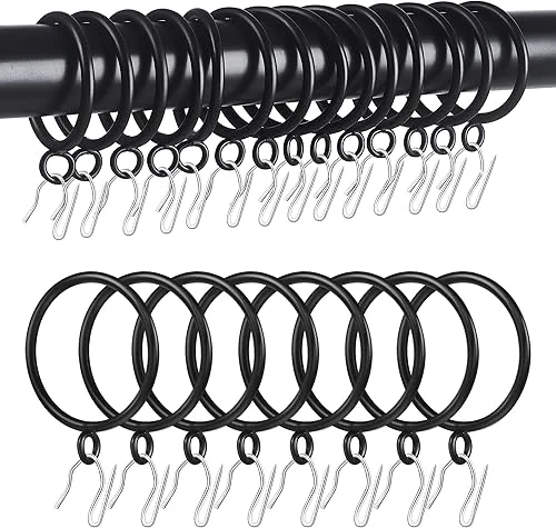 44 Pack Curtain Rings with Eyelets, 1.75 Inch Inner Diameter, Heavy Duty Rustproof Metal Drapery Rings with Pinch Pleat Curtain Hooks, Decorative Clips Rings Fits Up to 1.5′ Rods, Black