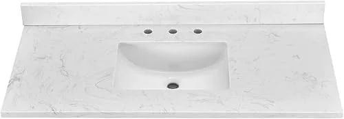 48′ x 22′ Vanity Top, Volakas White Engineered Stone Vanity Sink Top, with Undermounted Rectangular Middle Sink & Backsplash Countertop, Pre-Drilled 3 Faucet Holes for Vanity Top with Sink