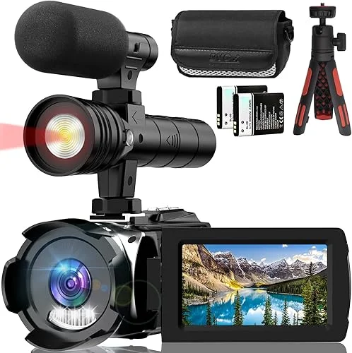 4K Night Vision Camcorder Digital with IR Light, 20X Digital Zoom, 270° YouTube Vlogging Camera Recorder, Support Full HD 3.0‘’ Camcorder with Microphone, 2 Batteries