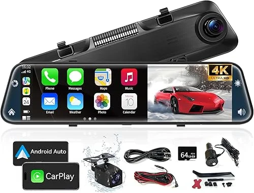 4K Rear View Mirror Camera with Carplay&Android Auto,12′ Mirror Dash Cam Front and Rear with Voice Control for Cars&Trucks,Smart Touch Screen,64GB Card Included/Parking Monitor/Reverse Assist
