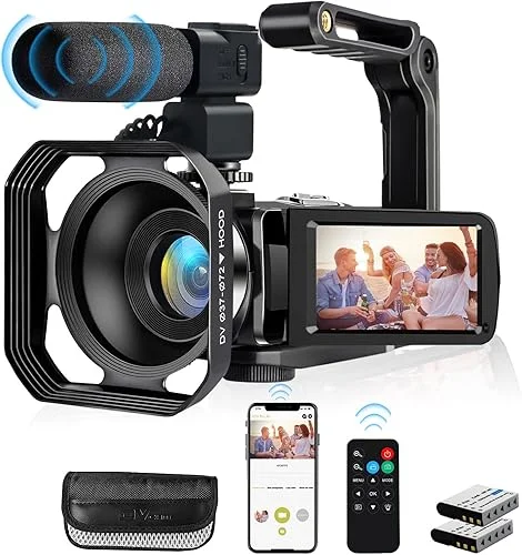 4K Video Camera, Camcorder 48MP Ultra HD WiFi Vlogging Camera for YouTube 18X Zoom 3.0′ Touch Screen Digital Camera with Microphone, Stabilizer, Lens Hood, Remote, 2 Batteries