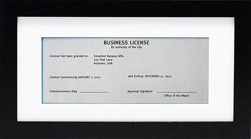5×10 Black Gallery Business License Frame with 3.5×8 Mat – Wide Molding – Includes Attached Hanging Hardware and Desktop Easel – Display Panoramic Picture Certificate or Retail Licenses