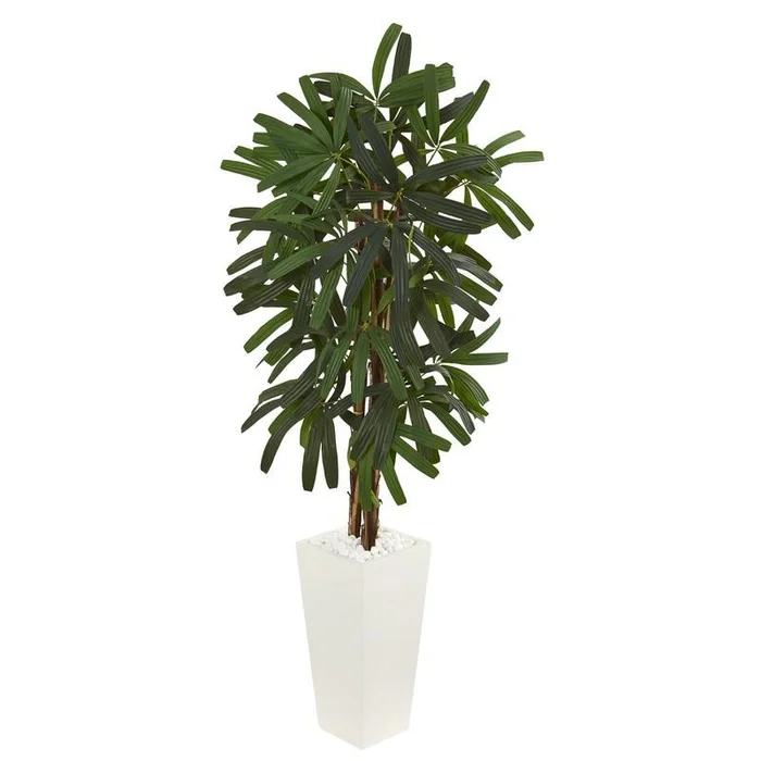 5.5′ Raphis Palm Artificial Tree in White Tower Planter