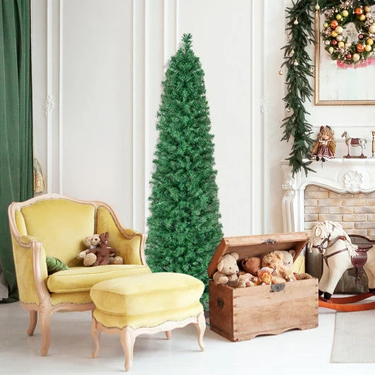 5/6/7/8 FT Pre-Lit Christmas Pencil Tree with Colorful Fiber Optics Green-6 ft