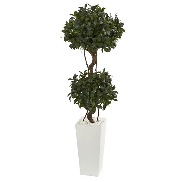 5′ Sweet Bay Artificial Double Topiary in White Tower Planter