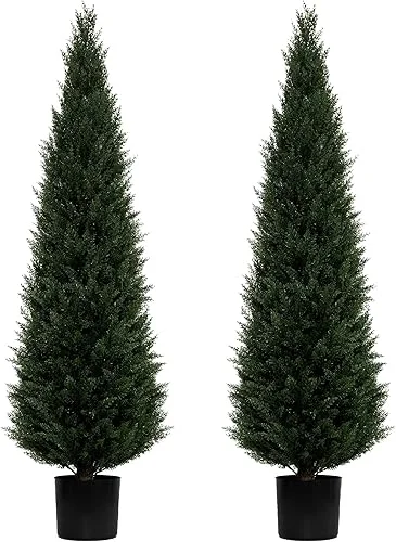 5 Feet Artificial Cedar Topiary Trees – UV Protection Potted Shrubs for Front Porch, Outdoor Walkway, Entryway Decorating, Set of 2