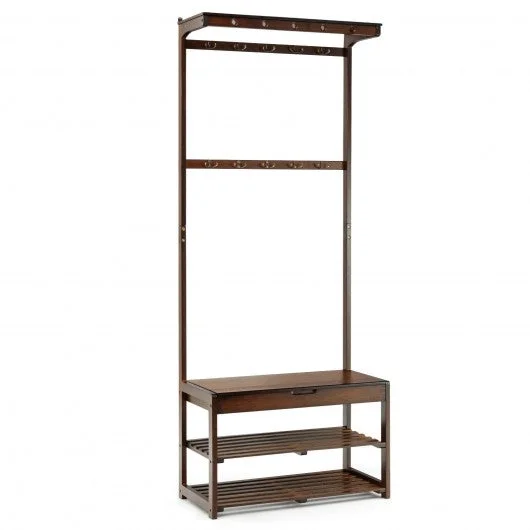 5 In 1 Bamboo Coat Rack Shoe Bench Entryway Hall Tree with Storage Box-Coffee