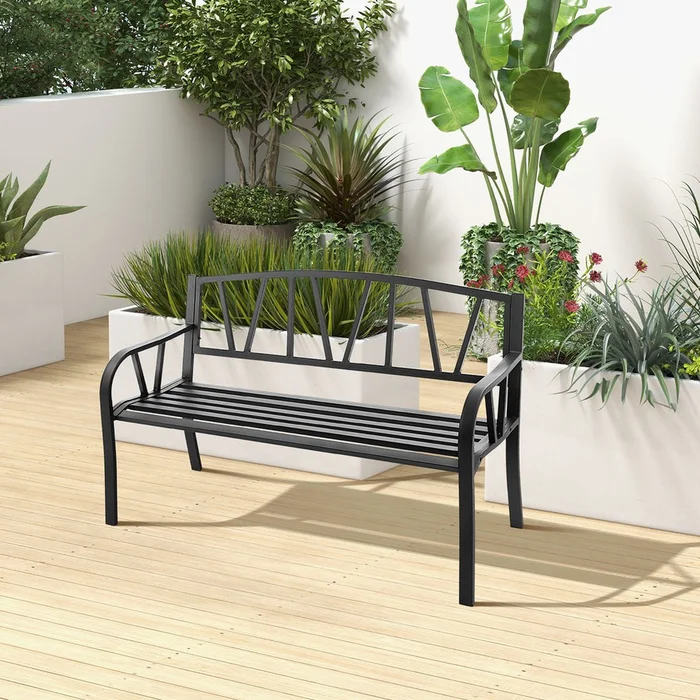 50-Inch Outdoor Patio Garden Bench Metal Frame with Ergonomic Armrest