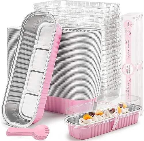 50 Pack Mini Loaf Pans with Lids Rectangle Individual Cake Pans Aluminum Foil Pans for Large Gatherings Picnics Vacations Parties (Pink, 6.8 OZ)
