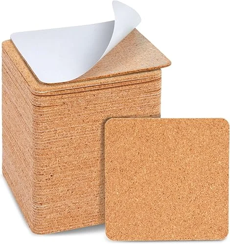 50 Pack Square Self Adhesive Cork Board Backings for DIY Crafts, Projects, Customizable Blank Tiles, Cork Squares for Coasters, Decor (1.5 mm Thick, 3.7 in Length)