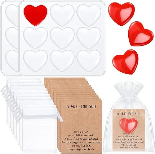 50 Pocket Hug Heart Sets with 2 Heart Silicone Mold 50 Hug Cards 50 Organza Bags DIY Craft Keepsake Exchange Card Relationship Gift for Valentine‘s Day Colleagues Family