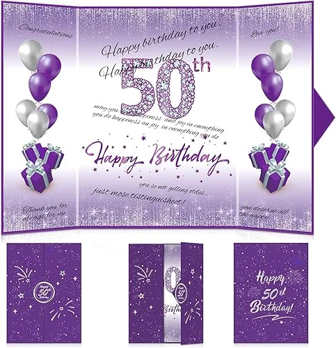 50th Birthday Decorations for Women Purple Silver Happy 50th Birthday Signature Guest Book Alternative for Women Men 50th Birthday Anniversary Party Gifts Supplies Favor Decor Greeting Card Creative