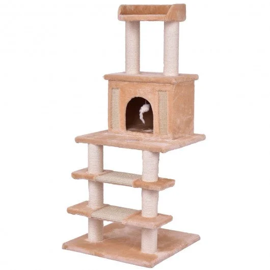 52″ Tower Condo Scratching Post Cat Tree w/ Rope and Mouse-Beige