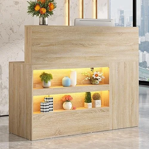 55′ Reception Desk with Power Outlets LED Lights,L-Shaped Modern Front Desk Reception Room Table with Cable Grommet,Lockable Drawers,Retail Checkout Counter for Lobby,Salon,Home Office Desk,Oak