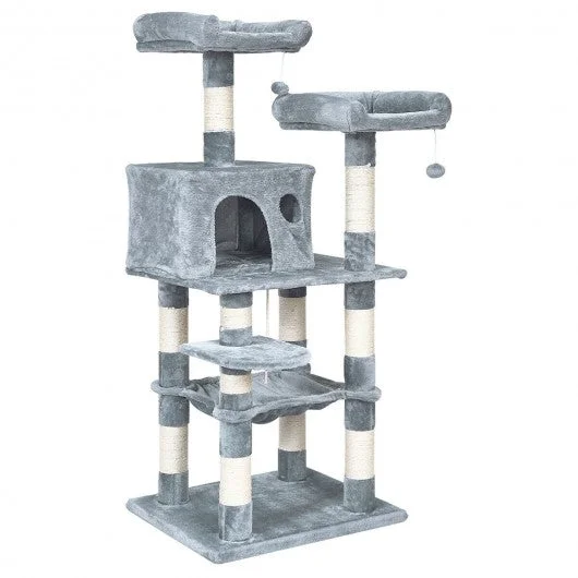 55″ Multi-Level Kitten Activity Tower with Hammock-Light Gray