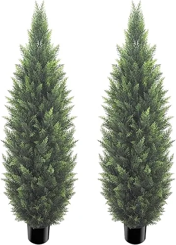 5FT Artificial Cedar Topiary Tree Lifelike Faux Cedar Pines Christmas Trees UV Rated Faux Shrubs Everygreen Plants for Front Porch Outdoor Decor Set of 2
