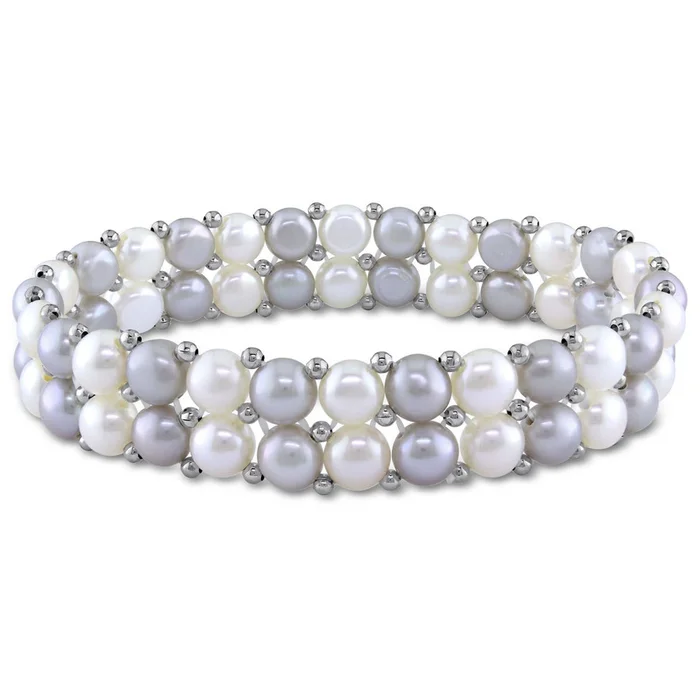 6-7mm Grey & White Freshwater Pearl Double-Row Stretch Bracelet
