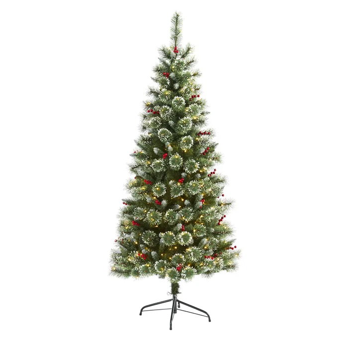 6′ Frosted Swiss Pine Artificial Christmas Tree w/ 300 Clear LED Lights & Berrie