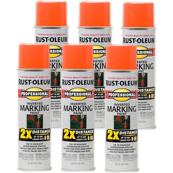 6-Pack 15 oz Professional 2X Inverted Marking Fluorescent Orange Spray Paint