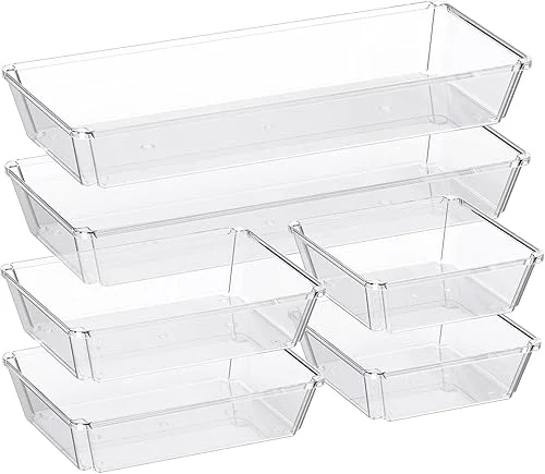 6 Pack Large Clear Plastic Drawer Organizer Trays, Desk Drawer Organizers and Storage Dividers, Non-Slip Storage Bins for Jewelry, Snacks, Office, Bathroom, Bedroom and Kitchen