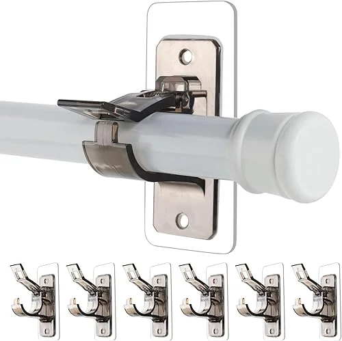 6-Pack No Drill Needed Curtain Rod Holders Brackets, Self Adhesive Rod Holder Hooks, Multipurpose Nail Free Stick on Curtain Rod Hooks-Transparent Black
