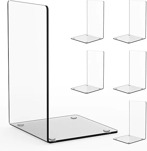6 Pack Premium Book ends, Clear Acrylic Bookends for Shelves, Sturdy Bookends for Heavy Books, Book Organizer with Anti Slip Mats for Library Office School, Decorative Bookends for Most Styles