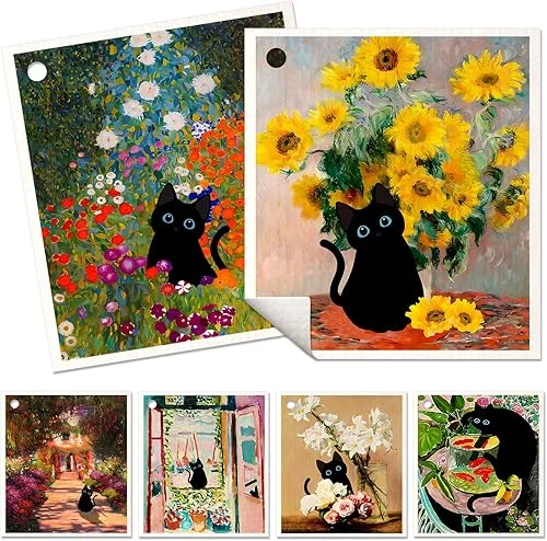 6 Pack Swedish Dishcloths for Kitchen – Reusable Dish Cloths for Washing Dishes Fast Drying Cute Funny Washable Swedish Towels Cleaning Sponge, Floral Cat