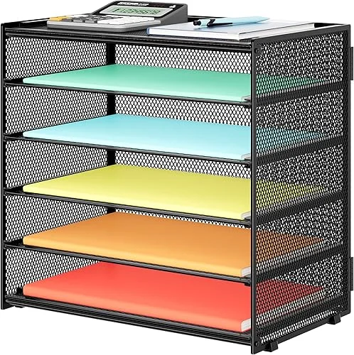 6 Tier Paper Organizer, Metal Mesh Desk File Organizer, Letter Tray Organizer, Paper Sorter Desk Organizer for Office, Home or School File Folder Holder – Black
