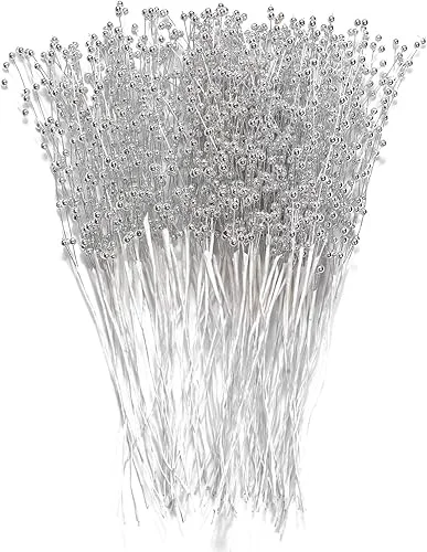 60 Pieces Pearl Stick Stems Bouquets, 4mm Bead String Garland Beaded Spray Filler Floral Arrangements Tree Picks Wedding Party Decoration, Christmas Decorations, Christmas Tree Picks (Silver)