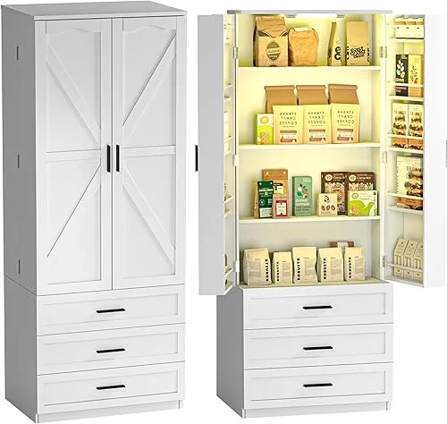 72′ LED Kitchen Pantry Cabinet with 3 Drawers Farmhouse Tall Storage Cabinet Wood Food Pantry with Barn Doors and Adjustable Shelves Versatile Storage Freestanding Cupboard for Kitchen