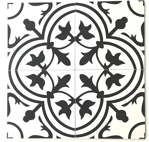 8×8 Flora Black White Porcelain Tile by Squarefeet Depot (10pcs)