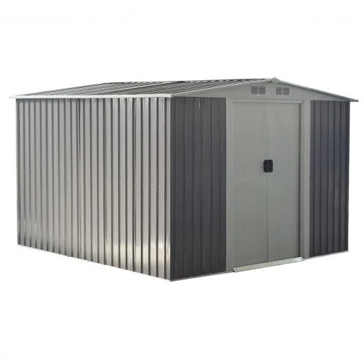 8×8 ft Outdoor Garden Galvanized Steel Storage Shed with Sliding Door-Gray