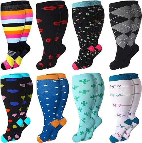 8 Pairs Plus Size Compression Socks for Women Men Wide Calf Extra Large Size Knee Support Socks for Circulation