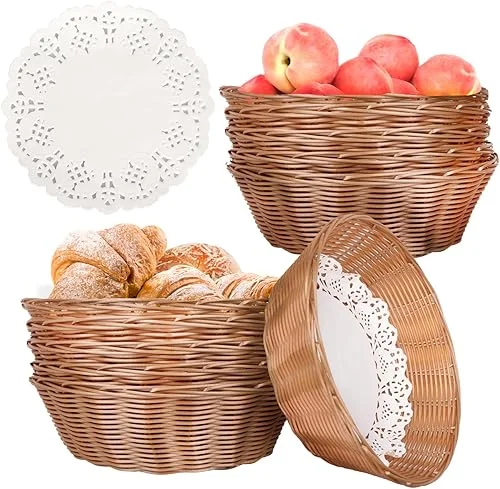 8 Pcs Round Large Plastic Bread Basket, Wicker Basket for Serving 10 x10 x3.3 Inch Woven Food Storage Basket, Fruit Basket, Gift Basket (Comes with Food Blotting Sheets) Brown