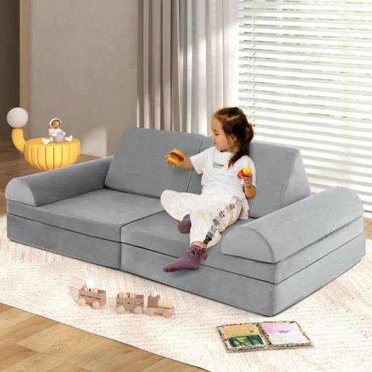8 Pieces Convertible Kids Sofa Playset with Zipper-Gray