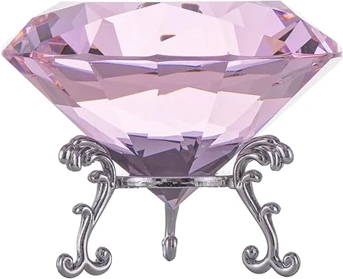 80mm Crystal Diamond Paperweight with Stand, Large Faceted Glass Gems Jewels for Home Party Decoration(Pink)