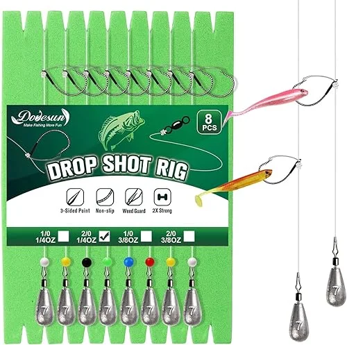 8PCS Ready Tied Drop Shot Rigs for Bass Fishing Drop Shot Hooks Fishing Rig with Drop Shot Weights 1/4OZ 3/8OZ Swivel Fluorocarbon Fishing Line Weedless Hooks 1/0 2/0
