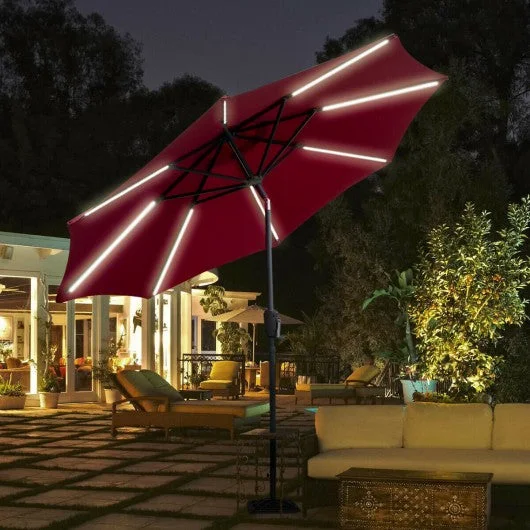 9 Ft Patio Solar Powered Umbrella with LED Light-Red
