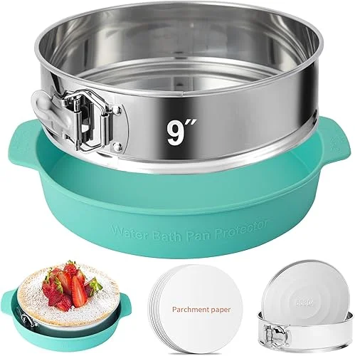 9 Inch Springform Pan – 304 Stainless Steel Nonstick Leakproof Springform Cake Pan with Removable Bottom, 10 Inch Silicone Cheesecake Pan Protector with Parchment Paper