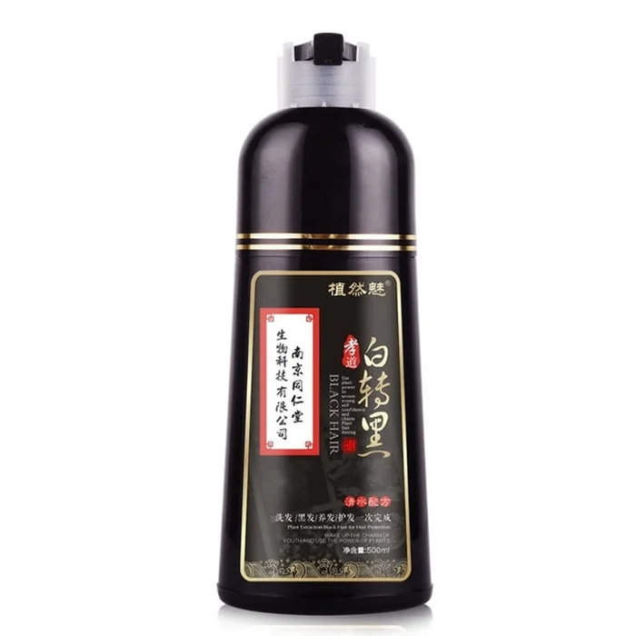 A 500ml bottle of natural black hair dye shampoo and hair dye cream