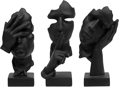 aboxoo 3 Pcs Thinker Statue, Silence is Gold Abstract Art Figurine,No Hear No See No Speak,Modern Resin Sculptures Decorative Objects Home Decor for Living Room,Office Bookshelf,Desktop(Black)