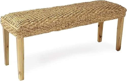 Acacia Solid Wood Bench with Woven Water Hyacinth Seat, Entryway Bench, Wicker Benches Indoor for Hallway, End of Bed, Kitchen, Rustic Farmhouse Boho (Plait Style – Natural Leg)