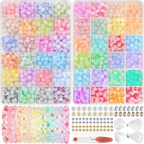Acerich 1425 Pcs Glass Beads for Bracelets, 48 Colors 8mm Crystal Glass Beads for Jewelry Making Round Friendship Bracelet Making Kit Bead DIY Crafts for Birthday Gifts