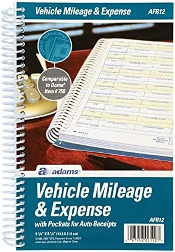 Adams ABFAFR12 Vehicle Mileage and Expense Journal, 5-1/4′ x 8-1/2′, Fits the Glove Box, Spiral Bound, 588 Mileage Entries, 6 Receipt Pockets,White