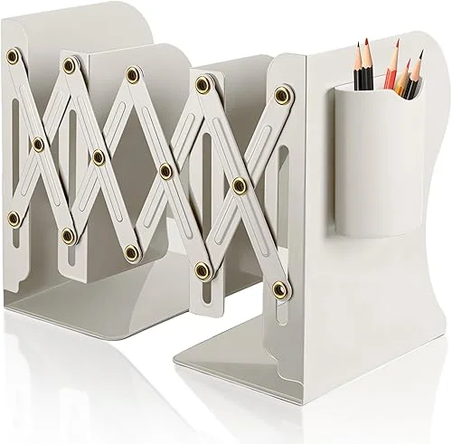 Adjustable Bookends – Cream White – 19 Inches 2 Dividers Heavy Duty Metal Book Holders – Book Storage Rack, Organizer Magazine File Holder for Desk – Decorative Bookends for Office School Bookstore