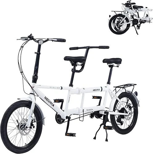 Adult Tandem Bike – City Tandem Folding Bicycle, Foldable Tandem Adult Beach Cruiser Bike with 7 Speeds, Adjustable 2-Seater Height – Sturdy and Durable