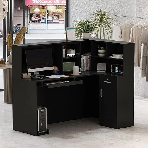 AIEGLE L-Shaped Reception Desk Counter Table with Lockable Drawers & Storage Shelves, Private Workstation for Salon Reception Room Checkout Office, Black (55.9′ L x 32.3′ W x 48.4′ H)