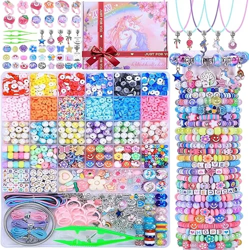 AIPRIDY 3200 Pcs Unicorn Jewelry Activity Kit,Clay Beads Bracelet Making Kit,Flat College Style Beading for Friendship Jewelry Making,Crystal Time Gem Ring Gifts,DIY Crafts for Teen Girls(Pink)