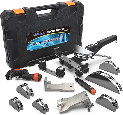 Aluminum Pipe Tube Bender Set with 7 Electroplated Bender Heads, for 1/4” to 7/8” O.D, 90° Ratcheting Tubing Bender w/Reverse Bending Adapters, for HVAC, Air Conditioning, and Hydraulic Work