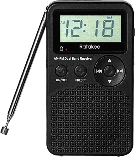 AM/FM Radio, Battery Operated Portable Radio with Clock, Preset, Sleep Timer and Battery Backup for Yard Work, Walking, Camping, Jogging, Fishing, Handheld Size, 3 AA Battery Powered (Black)